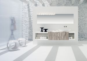 Slide 02, Base de lavabo pour salle de bain, blanc mat, avec porte coulissante en zebrano blanc