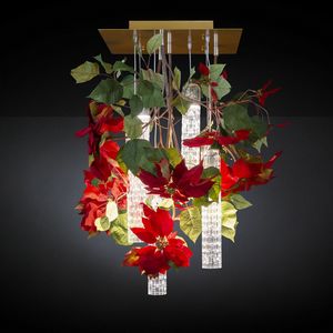 Flower Power Poinsettia, Lustre avec fleurs artificielles et cannes en verre de Murano