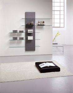 Slide bookcase, Bibliothque en mtal et en stratifi, avec des tagres en verre