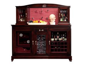 Elodie BR.0010.CU, Wine bar mobile avec rfrigrateur pour les bouteilles et cave  cigares, compartiment central de tenir verres, tagre mtallique avec deux petites fentres, le dos recouvert de cuir avec des poches