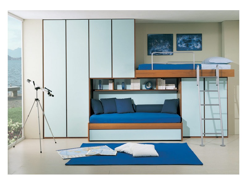 Kids Bedroom 4, Chambre avec lit deuxième extractible, pont garde-robe, de couleur bleu clair