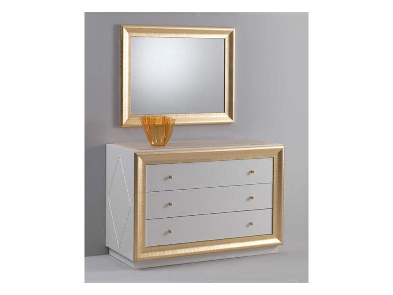 Jolie chest of drawers, Commode avec un design classique, finition laqué brillant, décorations de feuilles d'or
