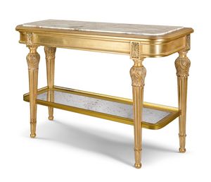 Console 25-1054, Luxueuse console en bois finition dor�e, avec plateau en marbre