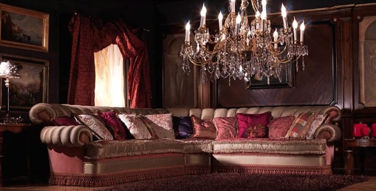 Nathalia Angular, Canapé d'angle, couvert de soie, style classique de luxe