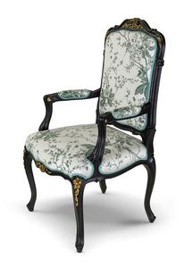 Chaise 25-1052, Chaise de salle � manger avec accoudoirs, en bois laqu� noir, rembourr�e