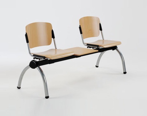 Cortina movable bench with table, Banc de métal avec sièges en contreplaqué pour salles d'attente