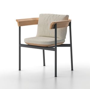ERMES, Chaise empilable en aluminium avec accoudoirs, avec dossier en teck
