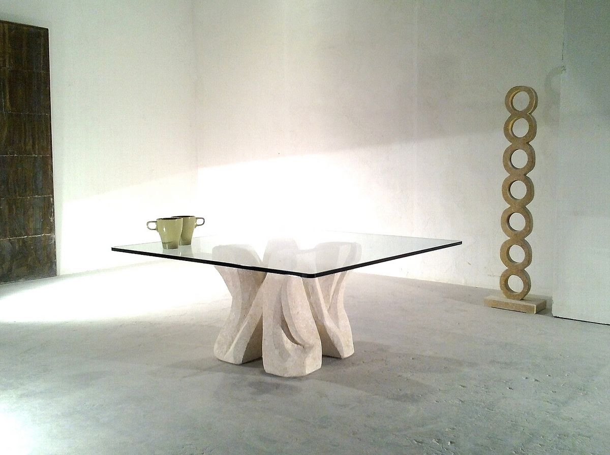 Dadà, Table basse en pierre sculptée, avec plateau en verre, pour salon