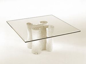 Pergamena, Table basse avec plateau carré en verre, base en pierre