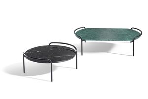 Pompon, Table basse en m�tal avec plateau rectangulaire ou rond en marbre