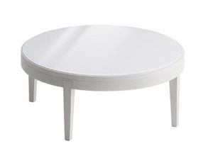 Toffee 884, Table bas ronde avec structure en hêtre, plateau en verre trempé laqué, style moderne