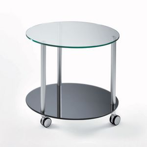 Sfera, Petite table ronde avec des roues, tagres en verre tremp