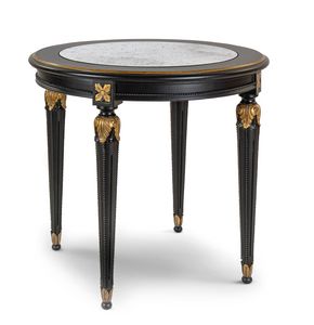 Table d'appoint 4974, Table d'appoint en bois laqu� noir, avec plateau rond en marbre ou miroir