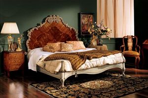 Barocco bed 796, Lit double avec tête de lit en bois marqueté, style classique
