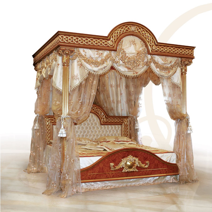 F517 Four-poster bed with Canopy, Luxueux lit à baldaquin, bois sculpté solide
