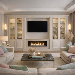 Parete su misura con camino, Mobilier mural sur mesure pour salon contemporain