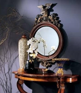 Console mirror 863, Miroir rond avec cadre en bois décorée