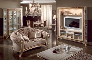 Raffaello meuble tele, Luxe meuble TV laqu blanc perle, dcorations or