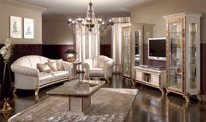 Raffaello meuble tv, Luxe meuble tv, laqu blanc perle d'ornements d'or