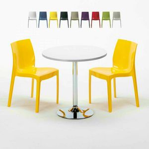 Tavolino Rotondo Bianco 70x70cm Con 2 Sedie Colorate Interno Bar ICE LONG ISLAND, Set de jardin avec table et chaises