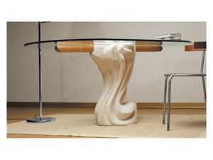 Essenza cherry wood, Table ovale avec plateau en verre et base en pierre