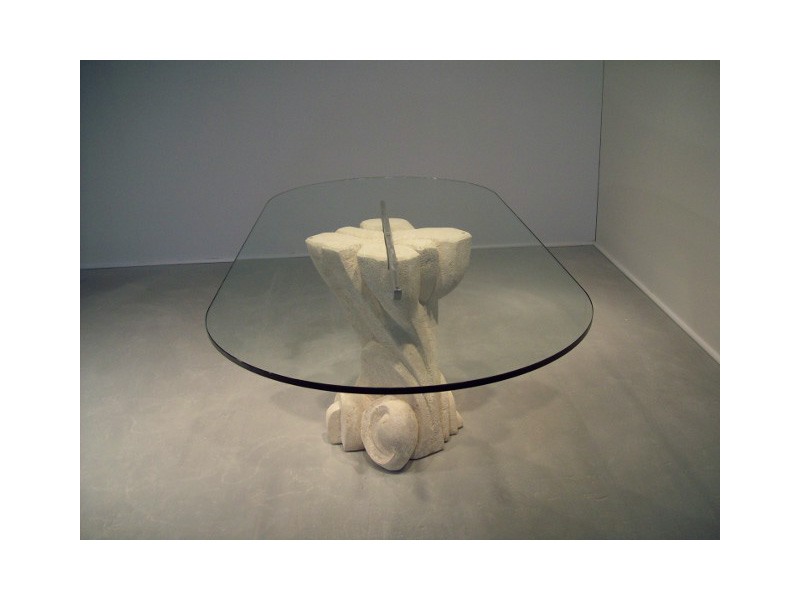 Nuoveau, Table ovale avec plateau en verre, base en pierre