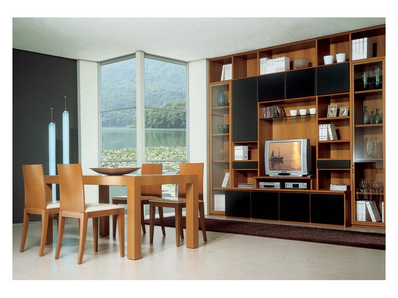 Living room 2, Table en bois avec l'extension, bibliothèque modulaire avec meuble tv, pour l'ameublement de la salle de séjour