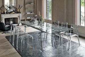 CRYSTAL PLUS TAC01, Table extensible compltement transparent, en aluminium et en verre