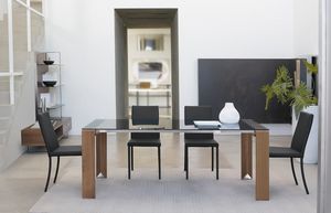 LIKO, Table avec plateau en verre et rallonge en bois