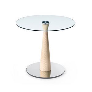 Composit 4, Table ronde de la barre de mtal et base en bois, plateau en verre