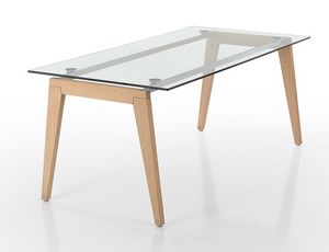 Beppe, Table rectangulaire avec des jambes de bois et plateau en verre
