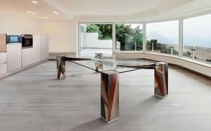 ORFEO 2.5, Table rectangulaire, plateau en verre, pieds en bois massif