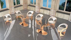 TA42K Mistral, Table avec base en bois, en verre transparent
