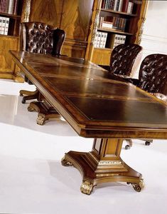 1069, Correction table de confrence rectangulaire, avec dessus en cuir, 2 socles, plaqu en noyer et frne, pour les environnements de style classique