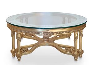 Ginepro, Table basse en bois massif dor� � la feuille, avec sculptures, plateau en verre