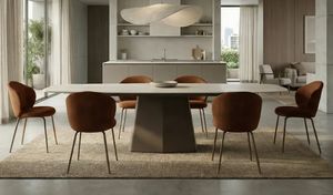 Zenit, Table extensible avec base sculpturale en m�tal et plateau en c�ramique