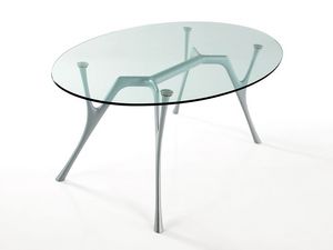 Pegaso, Table ovale en aluminium avec plateau en verre pour les salles de vie