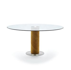 Rolling, Tables avec base en cuir, plateau rond en verre
