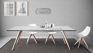 Delta, Table  manger avec dessus en marbre, bois ou verre