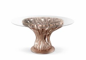 FICUS 2023-42 Table, Table-sculpture avec base sculptée et plateau en verre