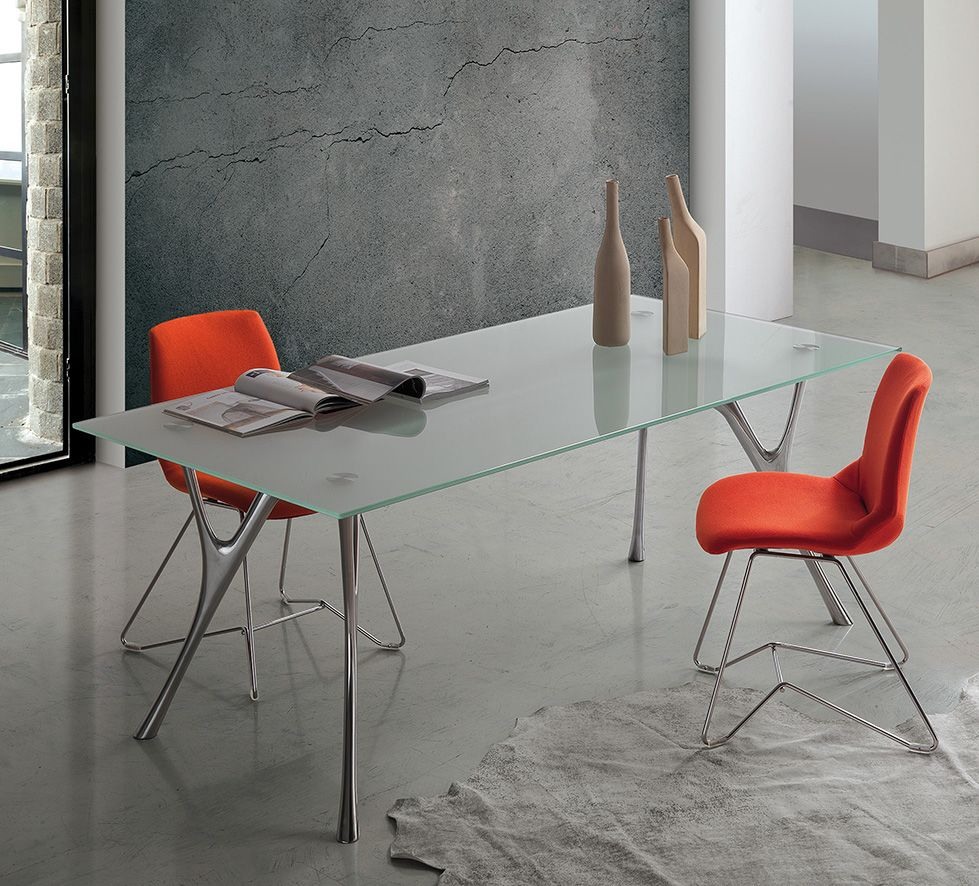 Pegaso 2, Table design en aluminium avec plateau en verre transparent