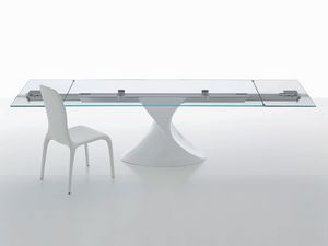 SHANGHAI, Table avec plateau en verre, la base sculpturale, extensible