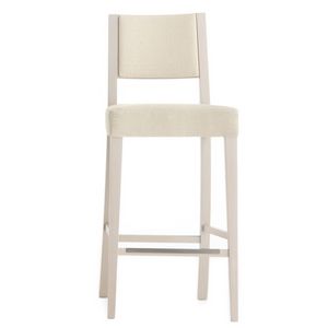 Sintesi 01584, Tabouret de bar en bois massif, assise et dossier rembourrs, revtement en tissu, avec plinthe en acier inoxydable, pour les environnements de contrat et domestiques