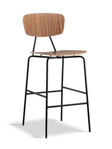 Flame SG, Tabouret en mtal avec assise et dossier en bois plaqu noyer