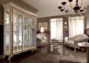 Raffaello vitrine avec 3 portes, Vitrine de style classique, avec un design lgant dcor avec des srigraphies dans des poudres d'or, pour la luxueuse salle  manger